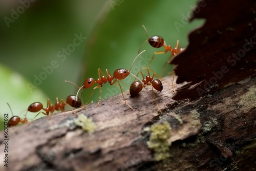 Red ants transporting foliage and food on tree trunk. Generative AI © Axl