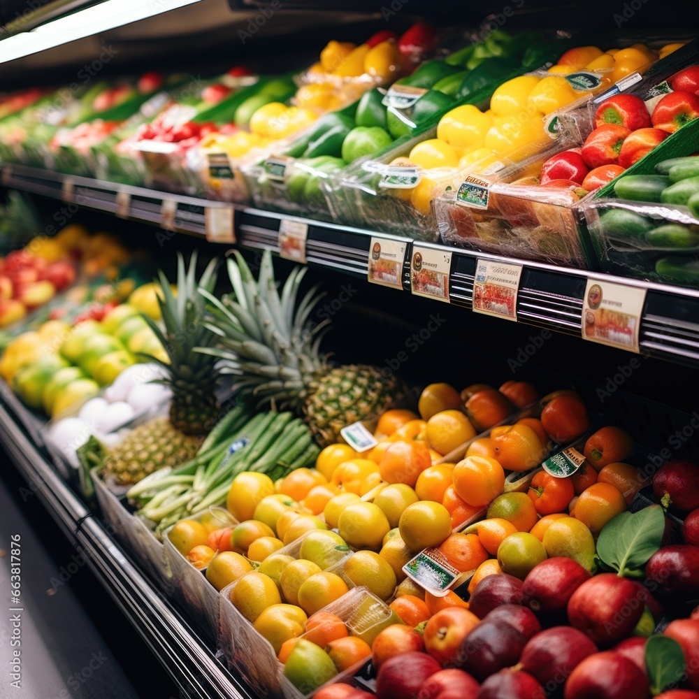 Fruits and vegetables in the refrigerated shelf of a supermarket.