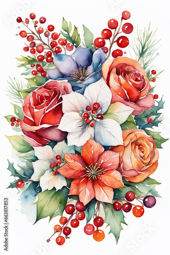 Watercolor floral bouquet with red and white flowers and berries. photo