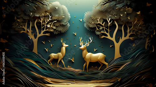 Fototapeta Naklejka Na Ścianę i Meble -  3d abstraction deer animal wildlife with birds