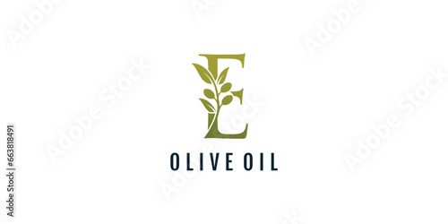 Letter E logo design element vector with olive concept