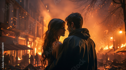 Paar schaut auf eine zerstörte brennende Stadt, Generative AI