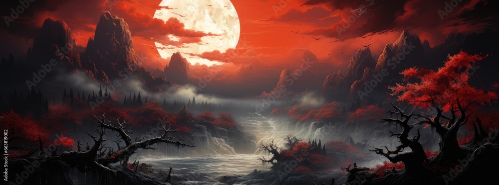An Chinese landscape with bright red lights, in the style of gothic illustration An Chinese landscape with bright red lights, in the style of gothic illustration