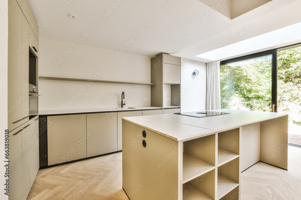 Kitchen with cabinets and modern appliances by window Kitchen with cabinets and modern appliances by window