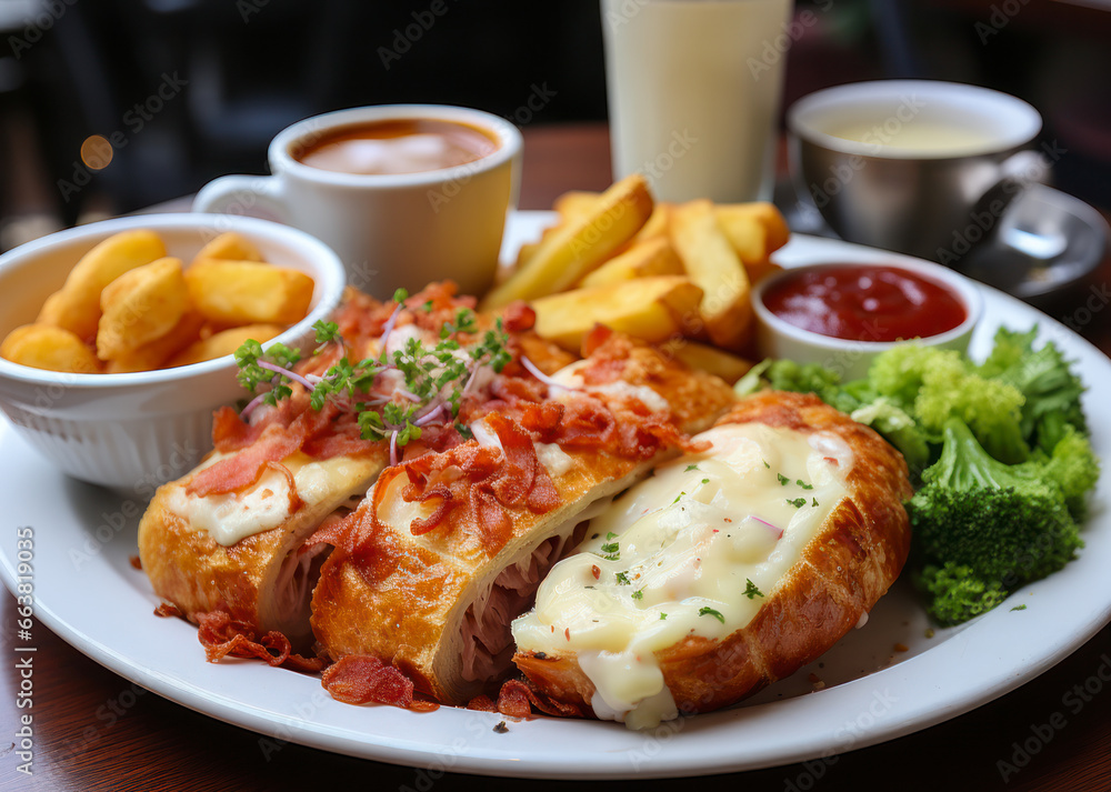 Schnitzel Cordon Bleu, mit Käse und Schinken gefüllt, angerichtet auf einem Teller, Generative AI Schnitzel Cordon Bleu, mit Käse und Schinken gefüllt, angerichtet auf einem Teller, Generative AI