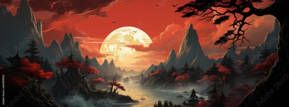An Chinese landscape with bright red lights, in the style of gothic illustration An Chinese landscape with bright red lights, in the style of gothic illustration