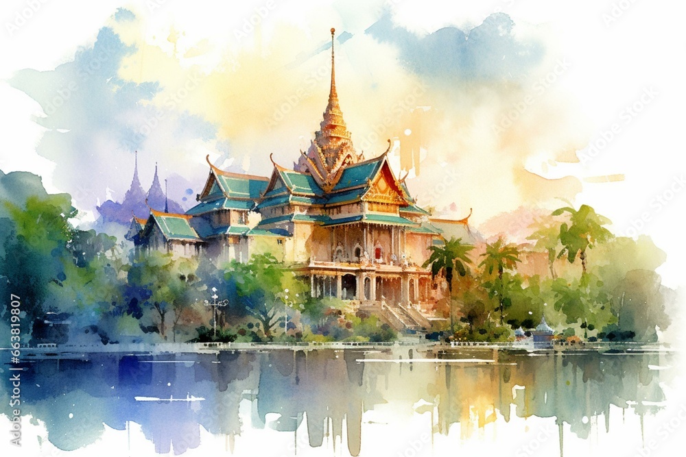 Impressionist watercolor illustration of Bangkok's grand palace landscape. Generative AI - obrazy, fototapety, plakaty 