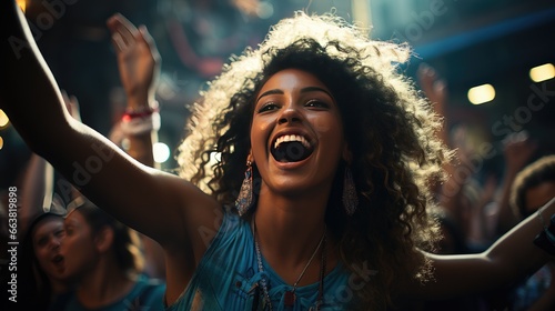 Radiant Young Woman Enjoying a Lively Outdoor Festival