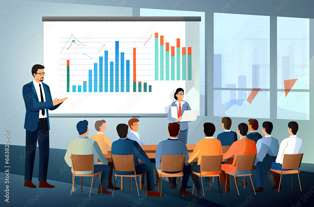 Presentation, education, learning business illustration. The business team listens to the teacher. ai Presentation, education, learning business illustration. The business team listens to the teacher. ai