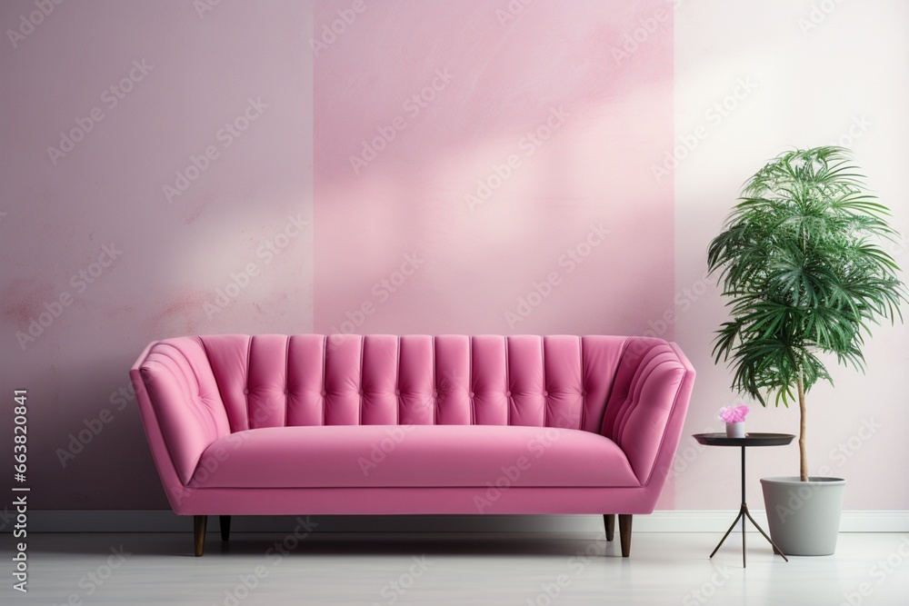 Chic modern living room interior design with a pink sofa and armchair on an empty white wall background, introducing a playful and luxurious touch Chic modern living room interior design with a pink sofa and armchair on an empty white wall background, introducing a playful and luxurious touch