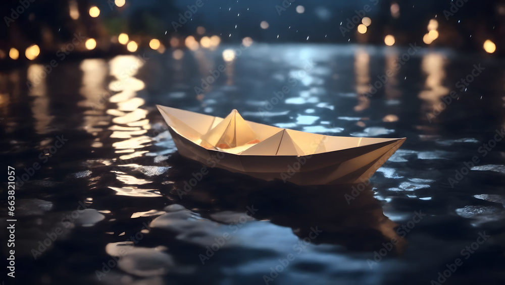 Paper boat sailing on the river in the rain