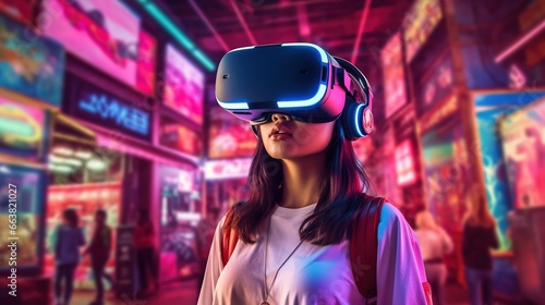 Immersive Virtual Reality Experience - Asian Girl in Vibrant Game Center with VR Headset © Jiraphiphat