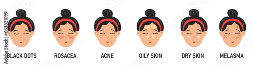 skin problems. Blackheads and acne. Acne on women's skin, age spots, skin care.