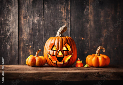 Halloween pumpkin on wooden background, Jack-o'-lantern on rustic wood, Spooky pumpkin decor, Autumn holiday still life