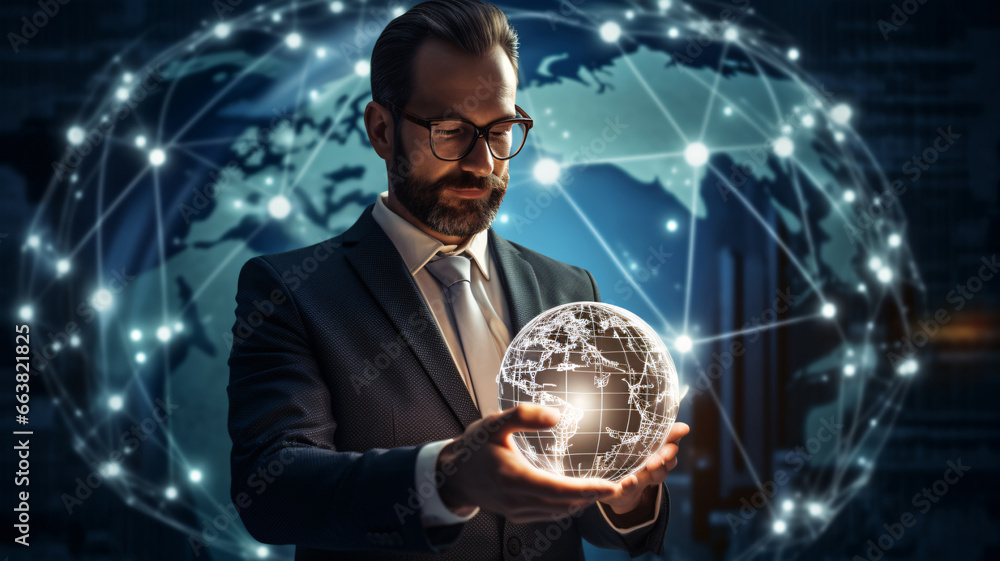 Businessman holding a glowing earth globe in his hands. Businessman holding a glowing earth globe in his hands.