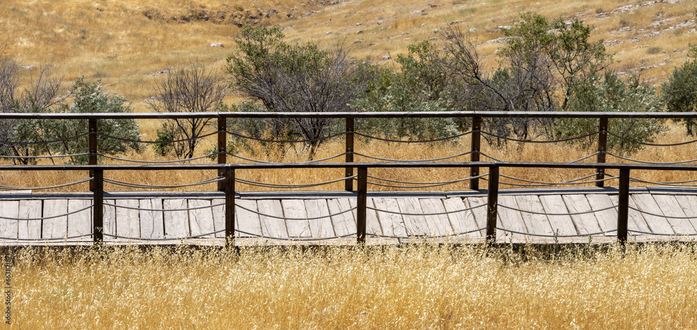 Fototapeta premium Wooden fence bridge over meadow and grass. Made of rope ropes. Sidewalk pathway