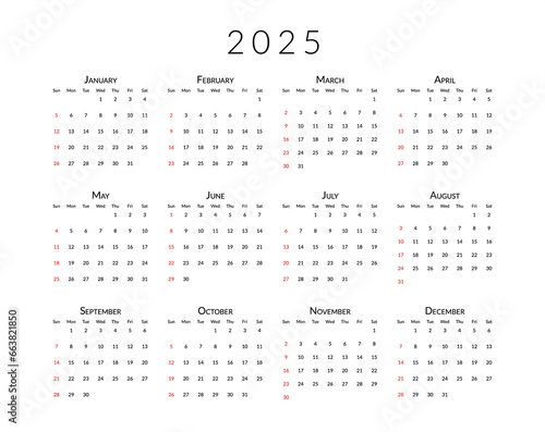 Print calendar template 2025 with months  weeks and dates. Planer design for personal and business use