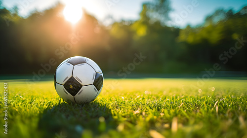 Soccer ball resting in the center of a verdant, sunlit field. Generative AI © James