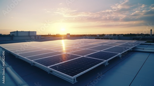 Solar panel cell rooftop cityscape morning