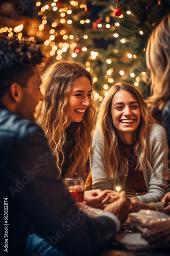 a group of friends and children sitting around a New Year's Eve table, a Christmas tree in the background. AI generativ.