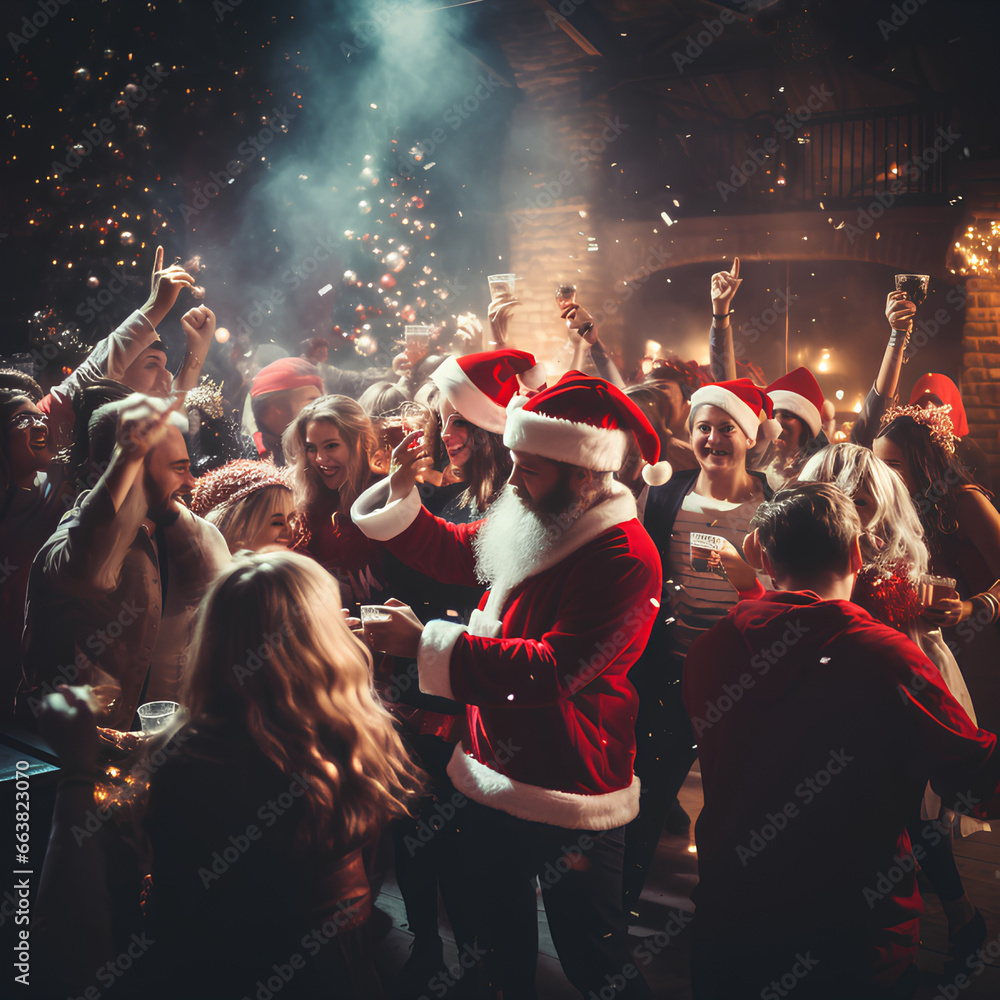Christmas party for adults with Santa Claus . Happy people celebrate new year outdoors.Photo created with generative AI technologies