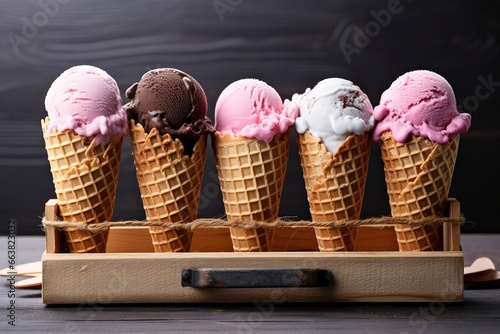 Various waffle ice cream cones in a row of different colors and flavors