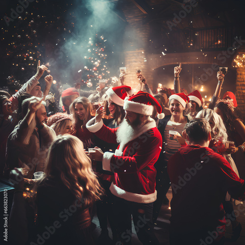 Christmas party for adults with Santa Claus . Happy people celebrate new year outdoors.Photo created with generative AI technologies