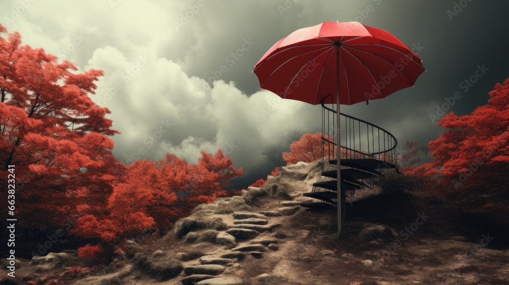 The vibrant red umbrella stands out brilliantly amidst swirling clouds in a serene forest clearing, symbolizing shelter and nature's contrast
