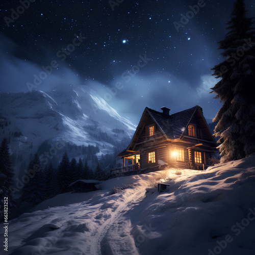 Winter night landscape in a village . Cozy house and sky with stars. Holiday time.Photo created with generative AI technologies © Ludmyla