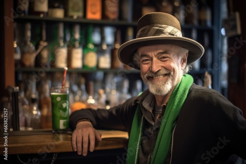 Man wearing Green hat and drinking beer on bar counter. AI Generated