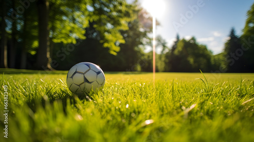 Soccer ball resting in the center of a verdant, sunlit field. Generative AI