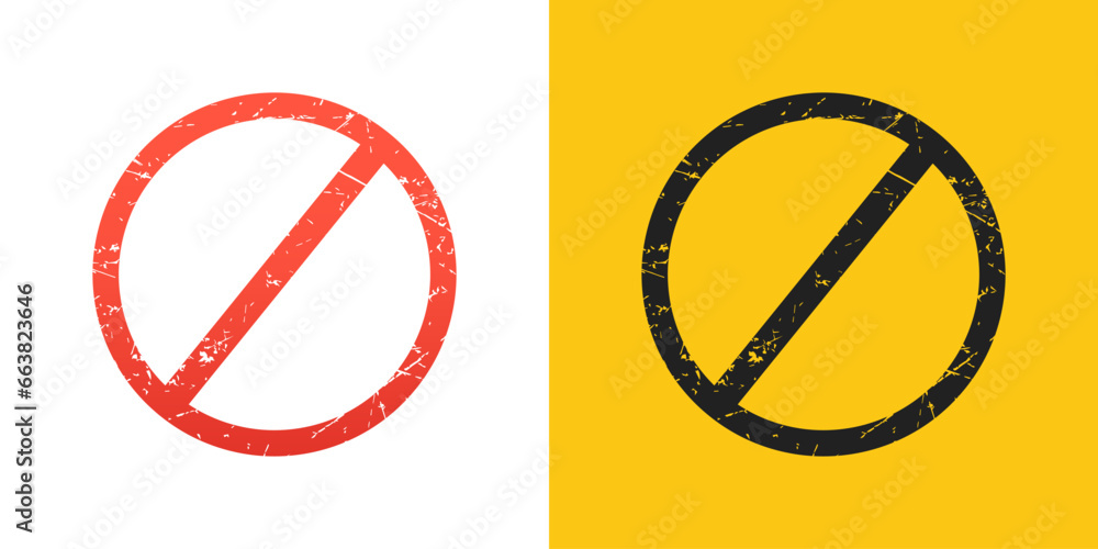 Stop signs grunge. Red and yellow circle sign stop entry and slash line isolated on transparent background. Mark prohibited. Round cross restrict entrance. Signal cancel enter. Vector illustration - obrazy, fototapety, plakaty 
