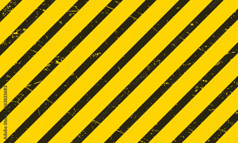 Warning striped rectangular pattern, yellow and black stripes on the diagonal, a warning to be careful the potential danger vector template sign. A grunge texture. Vector illustration