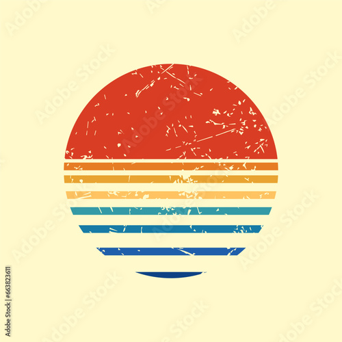 Vintage retro striped sunset graphic. Retro sunset over the sea or ocean with the silhouette of the sun and water. Retro sunset of 60s or 70s. Vector illustration