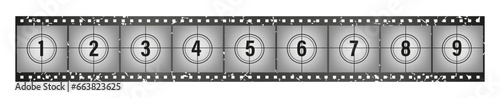 Big set a classic film countdown frame at the number one, two, three, four, five, six, seven, eight and nine grunge style. Old retro movie. Vintage filmstrip roll fram. Vector illustration