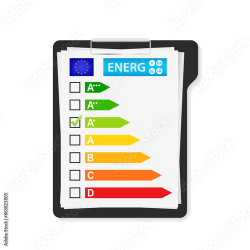 Clipboard with a checklist for energy classification. Colorful efficiency energy rating. Concept of Energy Efficiency of housing. Color scale classification. European Union energy. Vector illustration