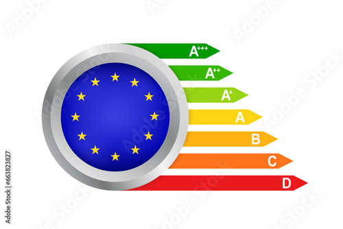 European energy efficiency classes. Energy efficiency rating. Energy efficiency arrows. Colorful efficiency energy rating. Concept of Energy Efficiency of housing. Vector illustration