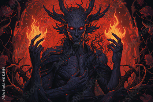 a demon image with fire in his hands, in the style of light red and dark navy, intricate illustrations
