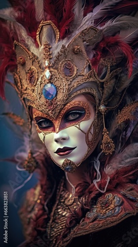 Beautiful woman in black mysterious venetian mask. AI Generated