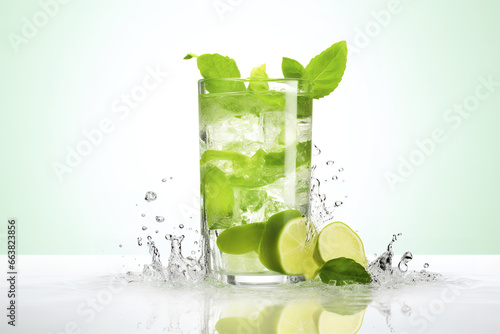 A glass of lime juice and Lettuce leaf on it with Ice cubes, white texture background 