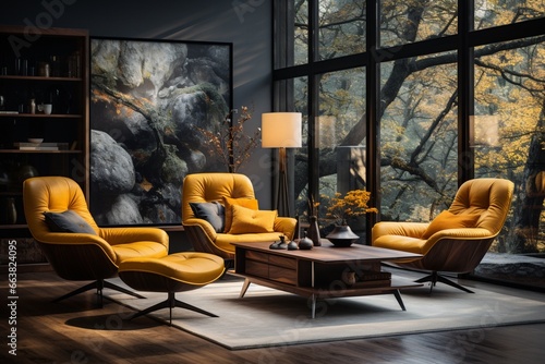 Luxurious living room with a wooden table, lamps, and a yellow armchair, featuring a perfect blend of warmth and sophistication