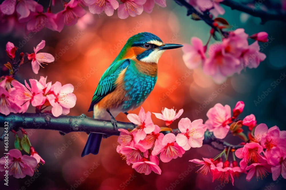 Beautiful bird on bright pink branch. Colorful wildlife bird with blue feathers. Generate ai Beautiful bird on bright pink branch. Colorful wildlife bird with blue feathers. Generate ai