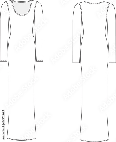 Long Sleeve Scoop Neck U Neck body con long Maxi Dress Technical Drawing Flat Sketch