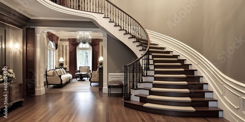 a room with a circular staircase  giving the impression of luxury  simple  elegant