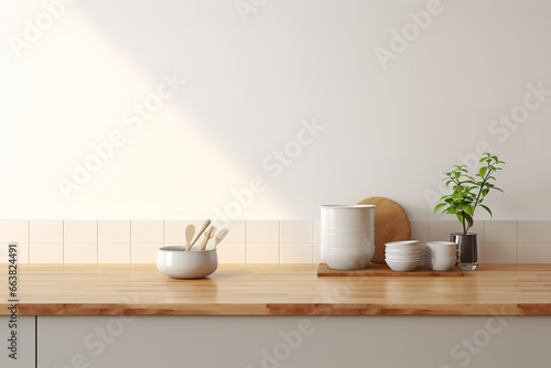 Minimal cozy counter background with bright wood counter white Set of utensils in the kitchen,