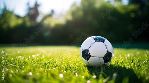 Soccer ball resting in the center of a verdant  sunlit field. Generative AI