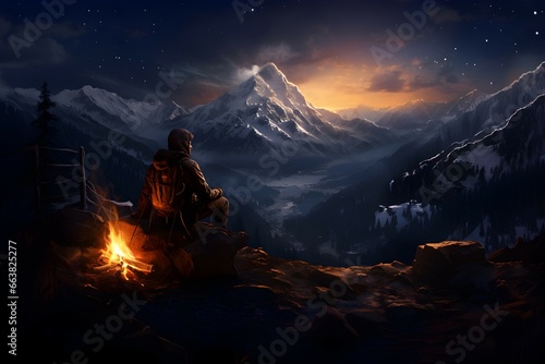 Hikers on mountain peak at night, View of snow covered mountains, beautiful scenery.