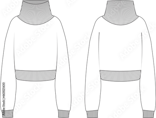 ribbed high neck turtleneck ribbed hem  Sweater Technical Drawing Flat Sketch.eps
