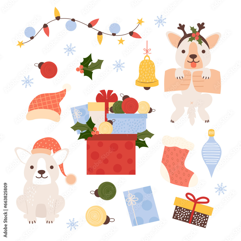 Christmas collection gifts. Cute joyful puppy pet, garland, gift boxes, balls, bell toy, Christmas stocking and Santa hat with holly. Vector illustration. Isolated New Year elements