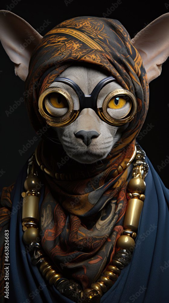 A close up of a cat wearing a scarf Sphynx cat character.